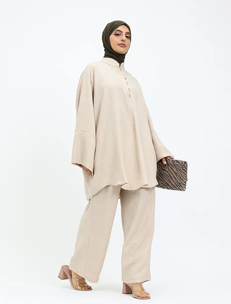 Beige Linen Feel Button Detail Co Ord Set